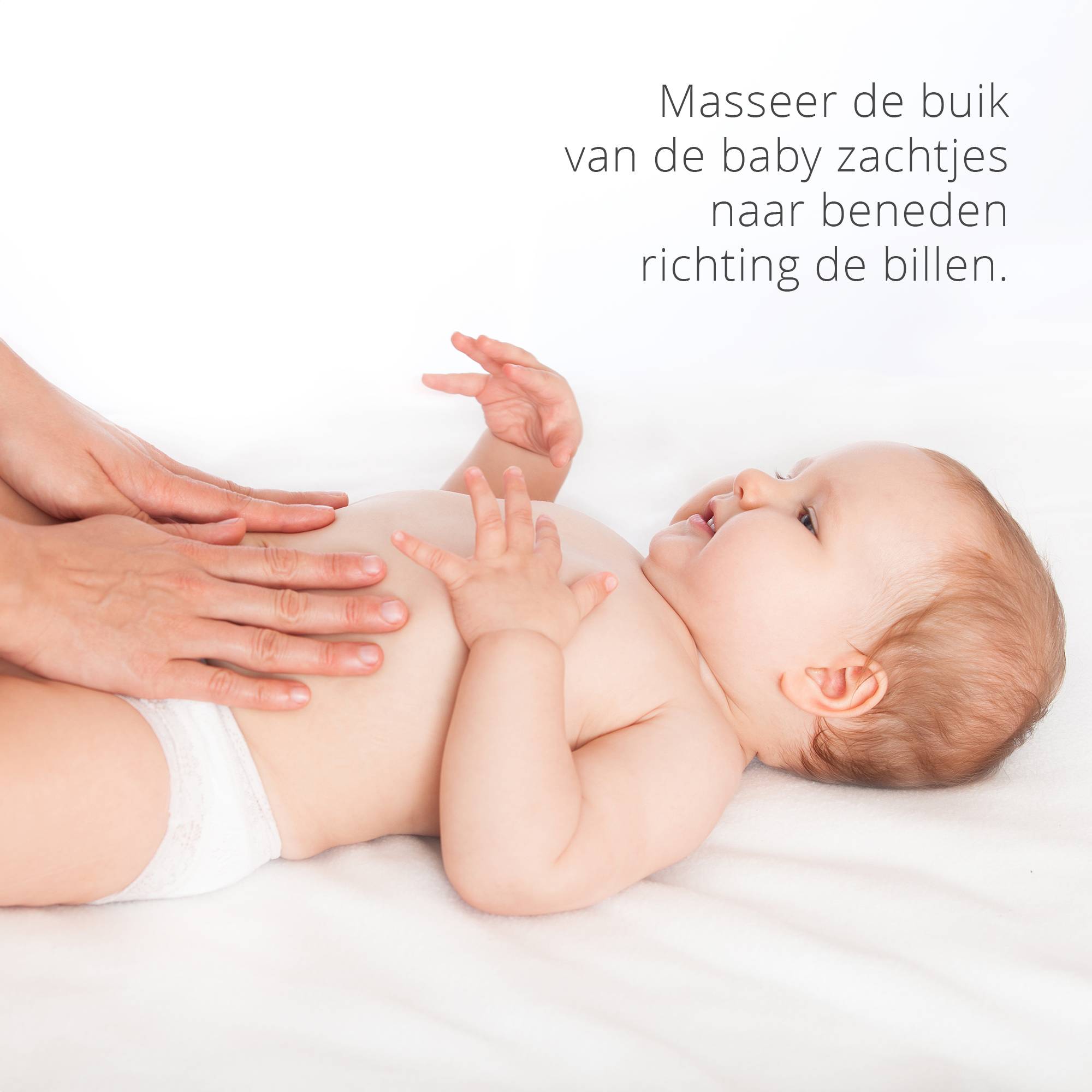 Luvion Gassi Gebruiksaanwijzing: masseer zachtjes over de buik van de baby naar richting de billen