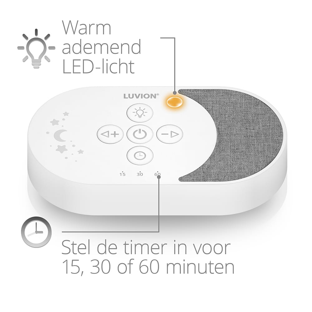 De Luvion Moon Edition White Noise beschikt over verschillende timers en een war ademend LED lichtje