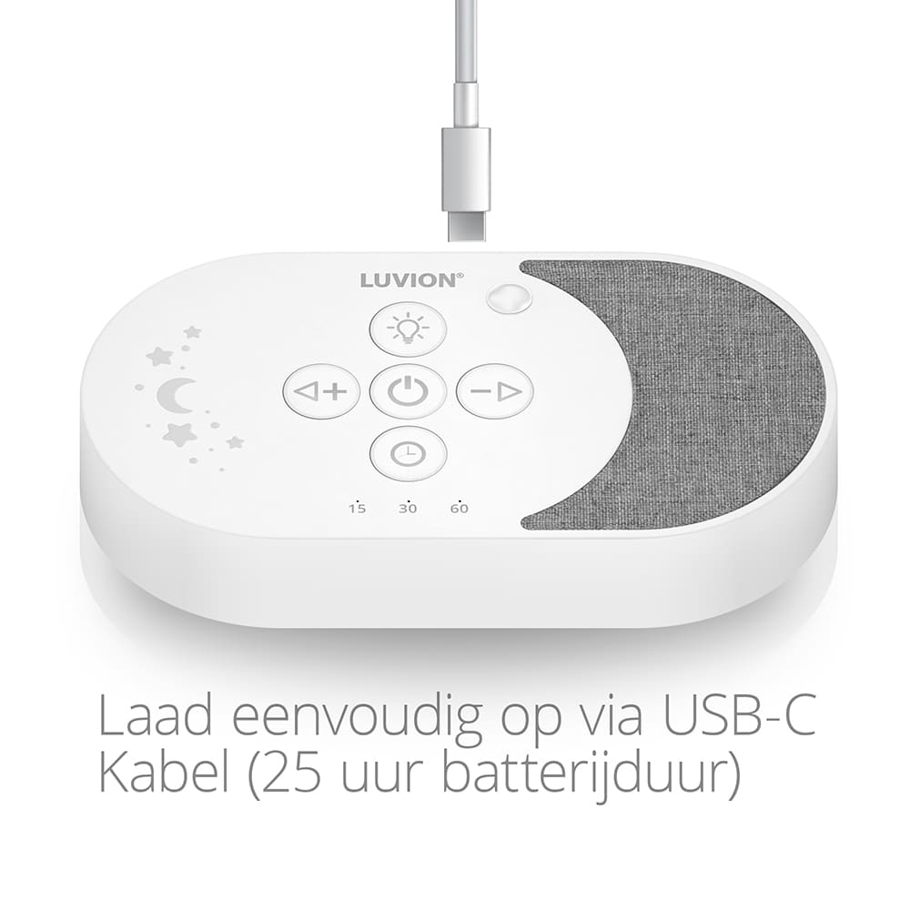 De White Noise Machine kan worden opgeladen met USB-C en heeft een lange accuduur van ongeveer 25 uur